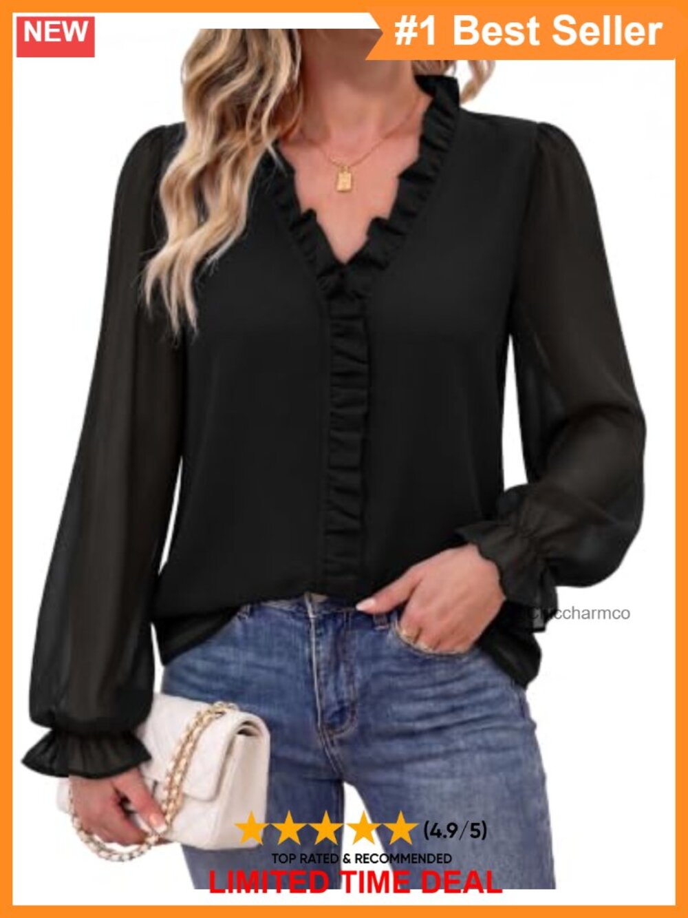 Chiffon Ruffle V-Neck Long Lantern Sleeve Blouse Office Top